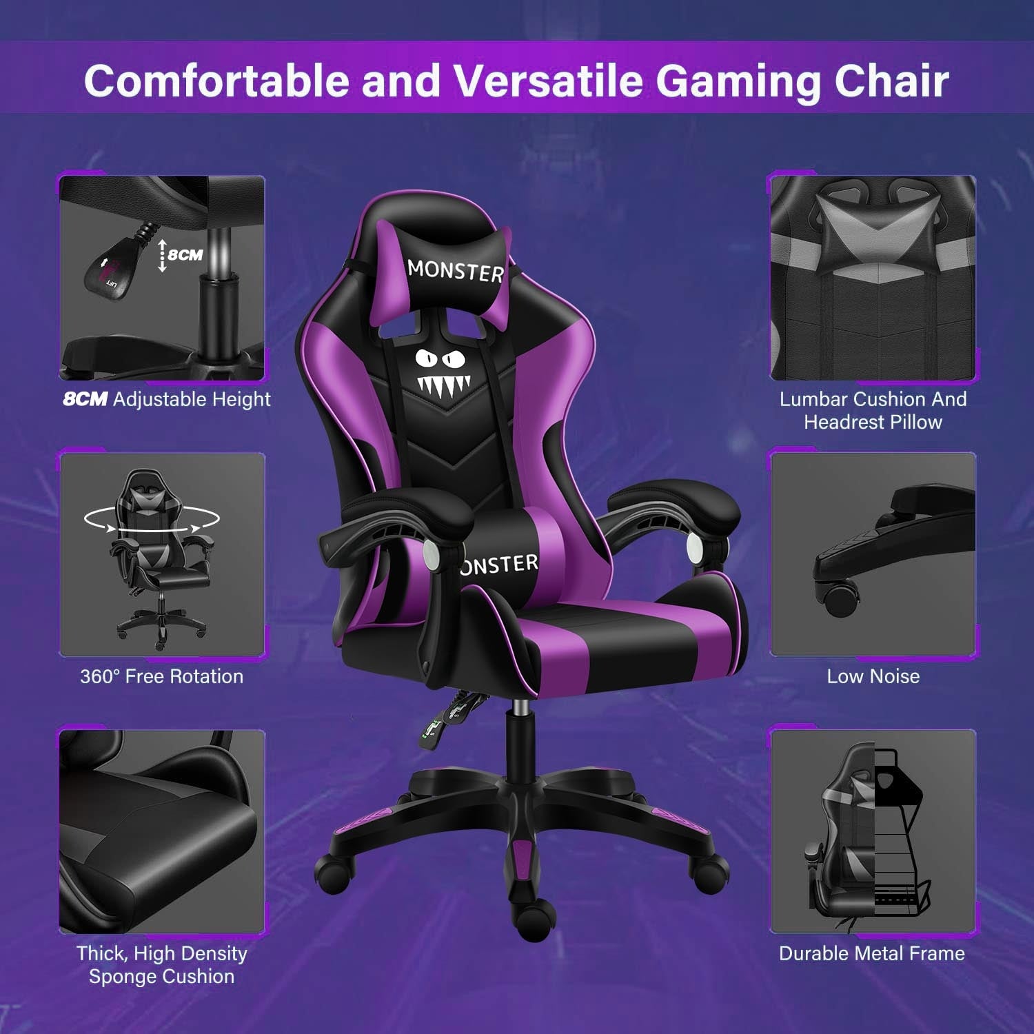 Gaming Chair MONSTER BLACK PURPLE Sole Kicks PH